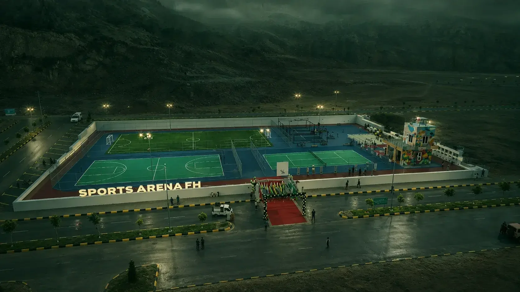 Multipurpose sports arena (cricket, football, tennis, gym)