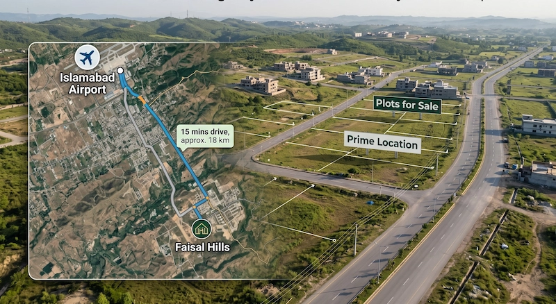 "Faisal Hills location map showing distance from Islamabad International Airport with residential and commercial plots for sale, ideal for visiting overseas Pakistanis