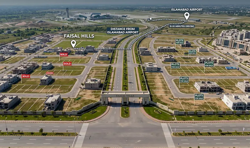 Faisal Hills location map showing distance from Islamabad